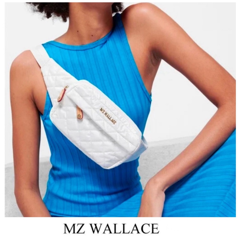 MZ WALLACE White Nylon Tan Leather Lightweight Belt Bag Chest Bag Fanny Pack